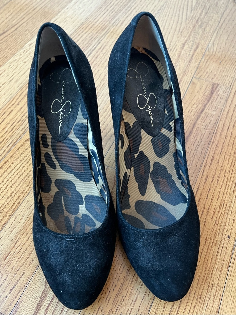 Jessica Simpson Black Suede Pointed-Toe Pumps with Leopard Liner Size 8 Cocktail